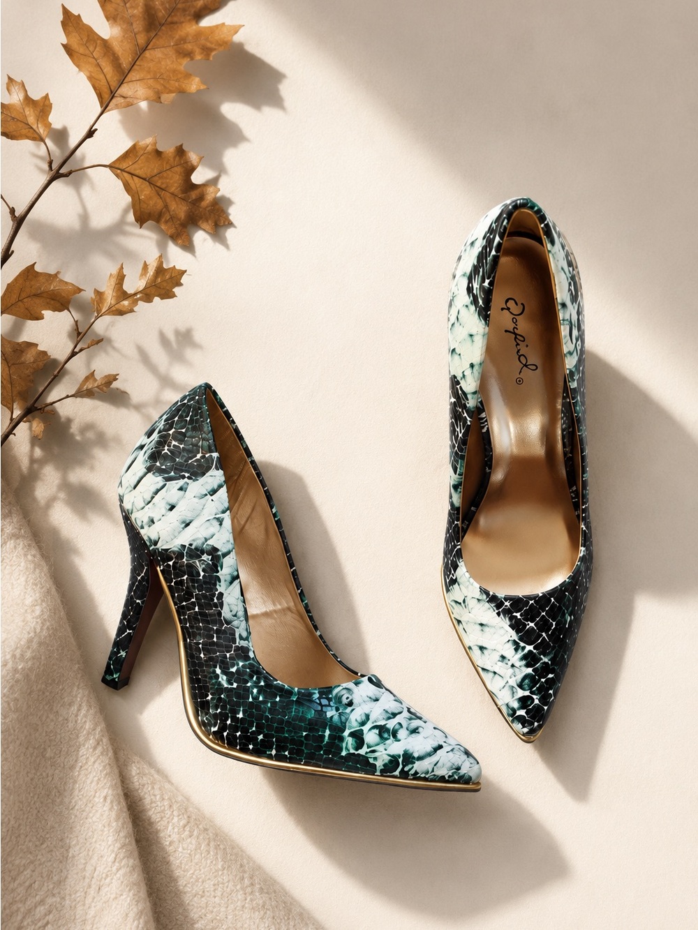 Green heels textured snakeskin pointed toe gold rim holidays formal party